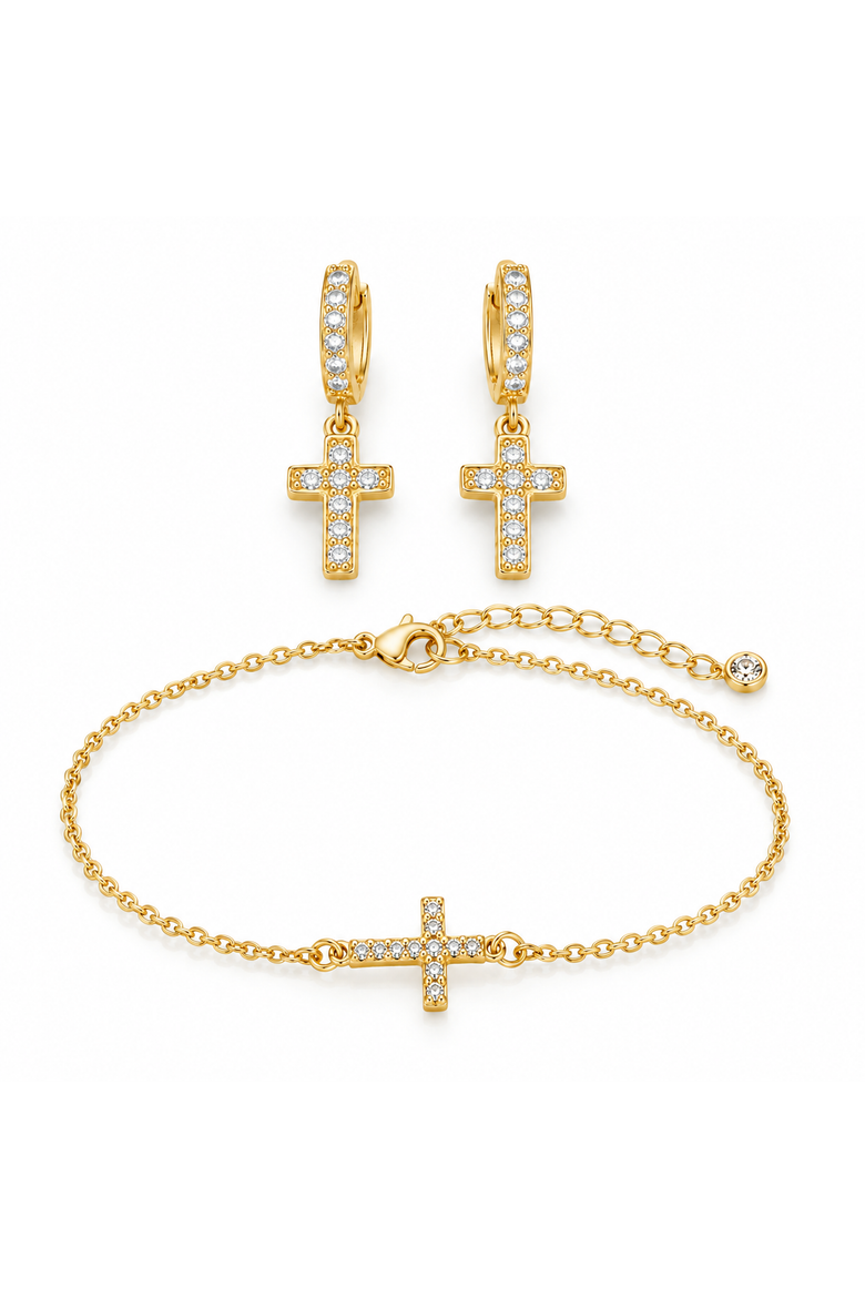 Gold-Tone Crystal Cross Earrings & Bracelet Set, Main, color, Gold