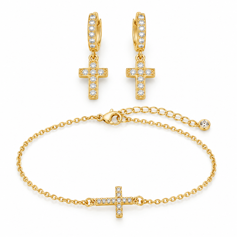 Gold-Tone Crystal Cross Earrings & Bracelet Set
