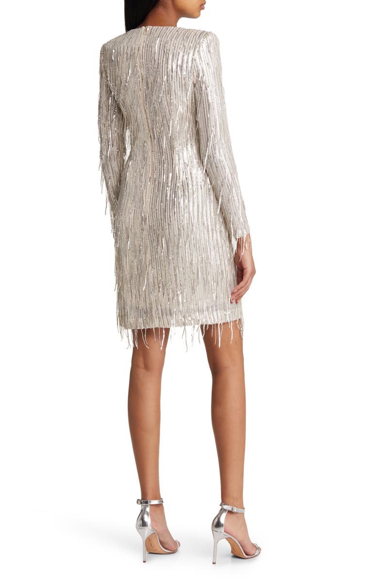 Eliza J Sequin Fringed Long Sleeve Cocktail Dress, Alternate, color, Silver