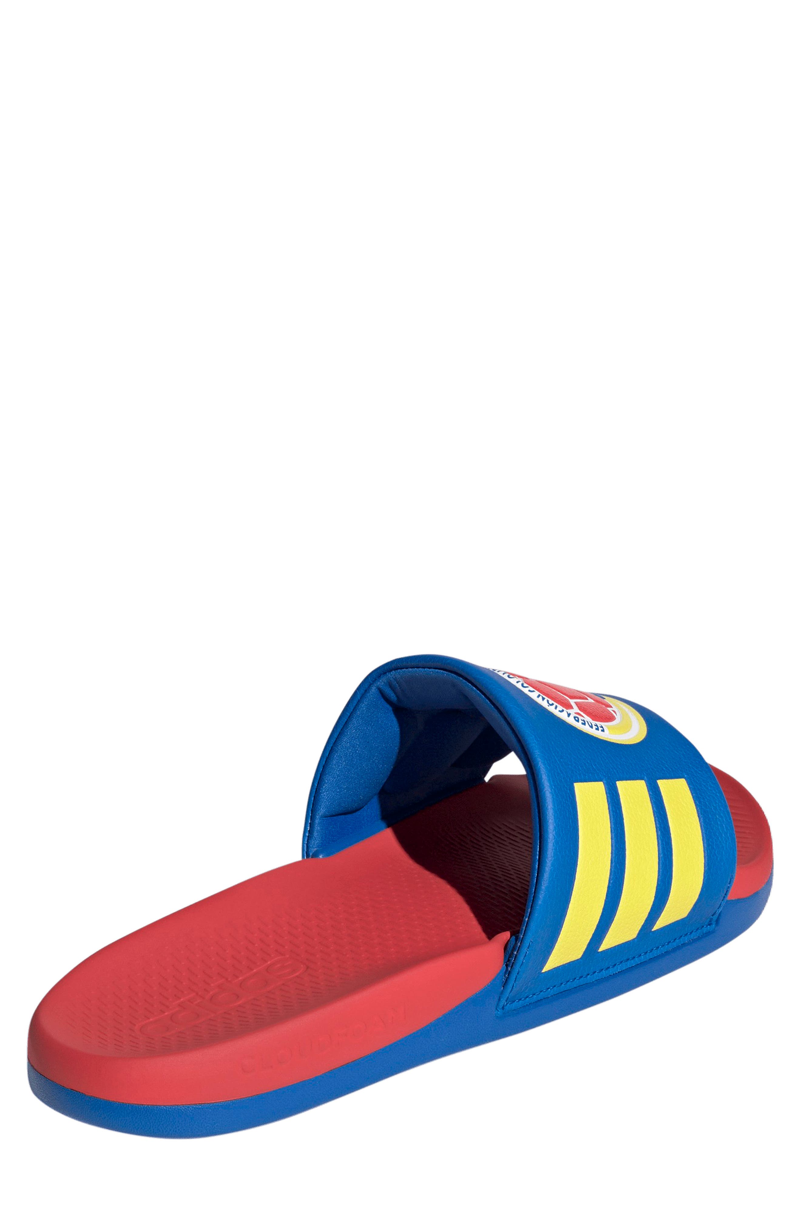 adidas Gender Inclusive Adilette Comfort 2.0 Colombia Slide Sandal, Alternate, color, Glory Blue/ Semi Lucid Red