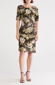 Connected Apparel Floral Short Sleeve Ruched Waist Dress