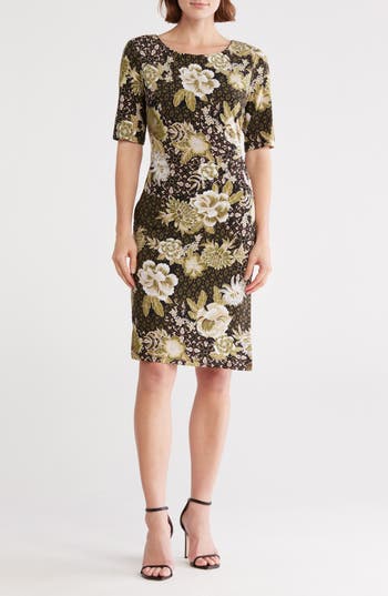 Connected Apparel Floral Short Sleeve Ruched Waist Dress In Multi