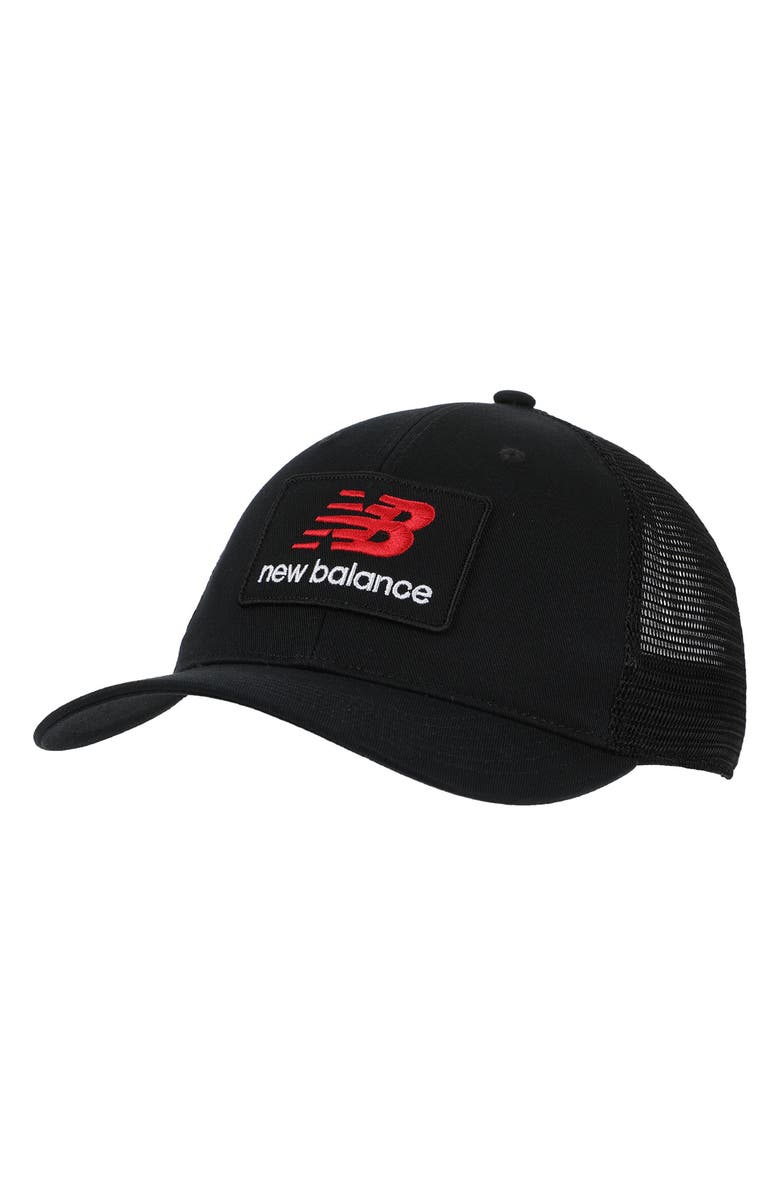 New Balance NB Stacked Patch Logo Trucker Hat, Main, color, Black