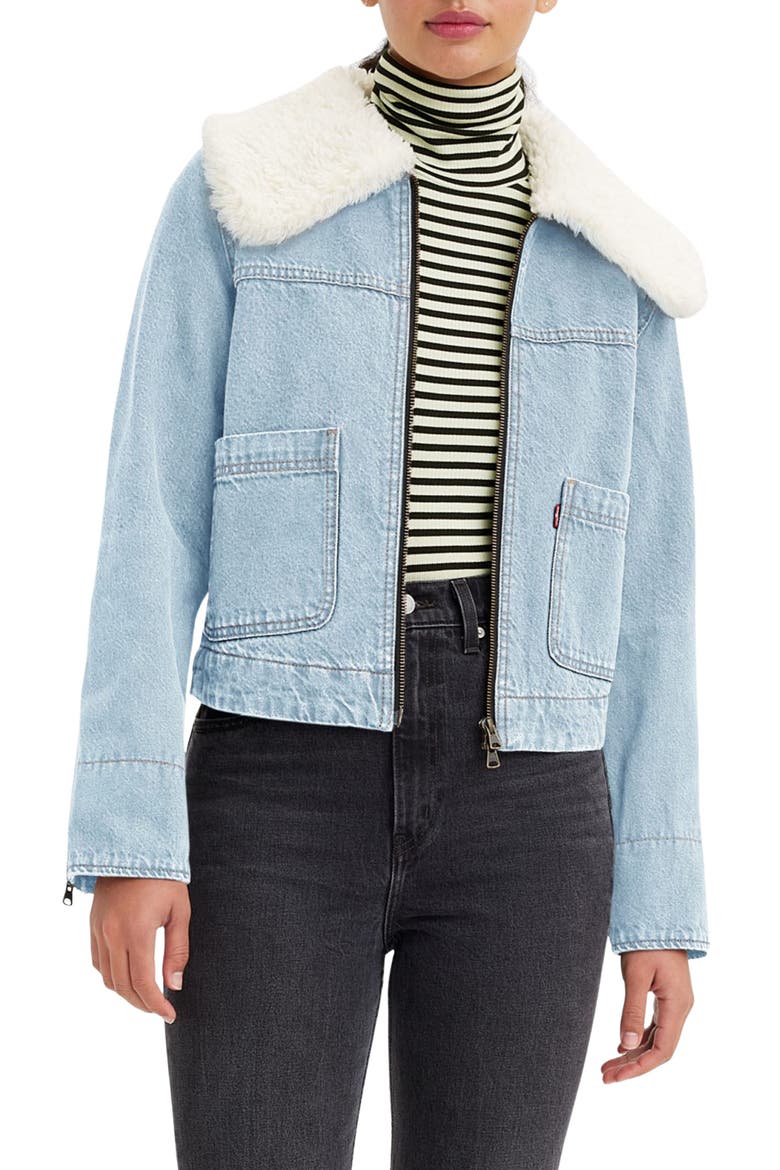 Retro Faux Fur Trim Zip-Up Denim Trucker Jacket, Main, color, Z2328 LIGHT INDIGO WORN IN