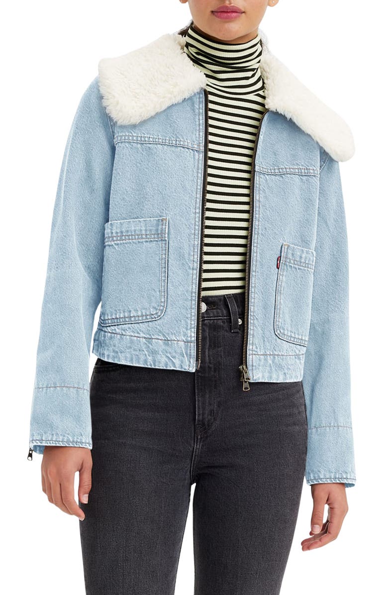 Levi's<sup>®</sup> Retro Faux Fur Trim Zip-Up Denim Trucker Jacket, Main, color, 