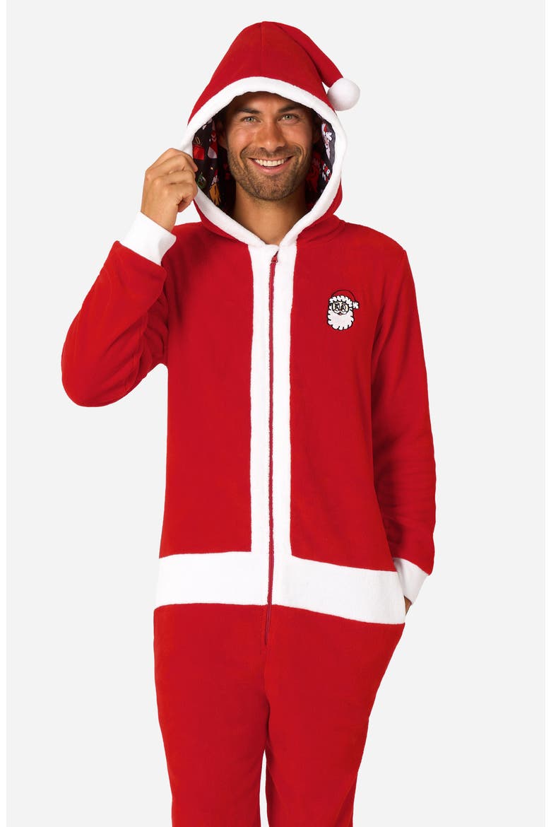 Merry Jinglejoy Holiday Hooded Fleece Costume Jumpsuit, Alternate, color, RED