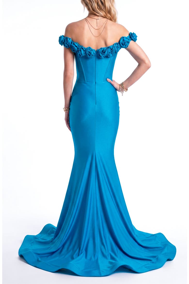 Rosette Off-Shoulder Corset Mermaid Gown, Alternate, color, Turquoise