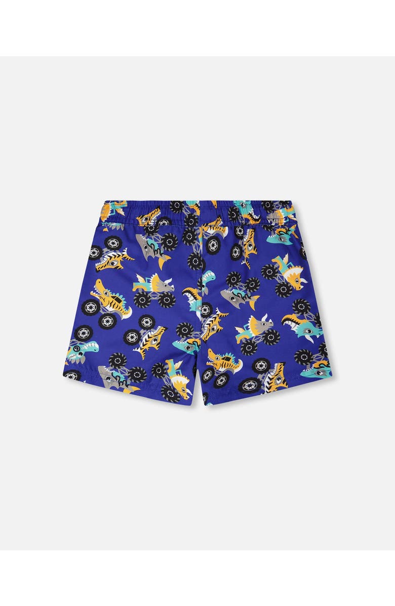 Deux par Deux Mid Thigh Elastic Waist Truck Boardshorts, Alternate, color, Blue Printed Trucks