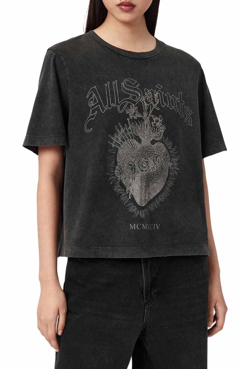 AllSaints Sabbath Lisa Embellished Cotton Graphic T-Shirt, Main, color, Washed Black