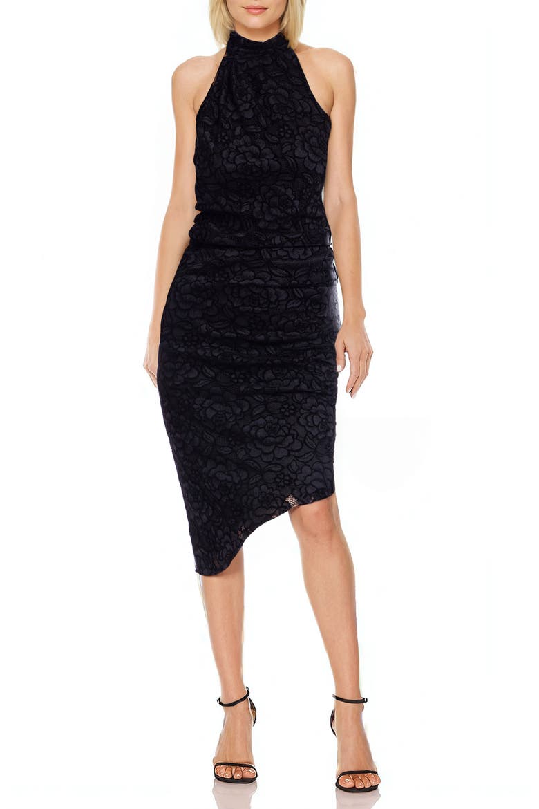 Stretch Lace Asymmetric Body-Con Cocktail Dress, Main, color, BLACK