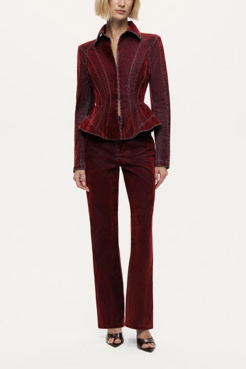 Velvet Corset-Seamed Peplum Jacket