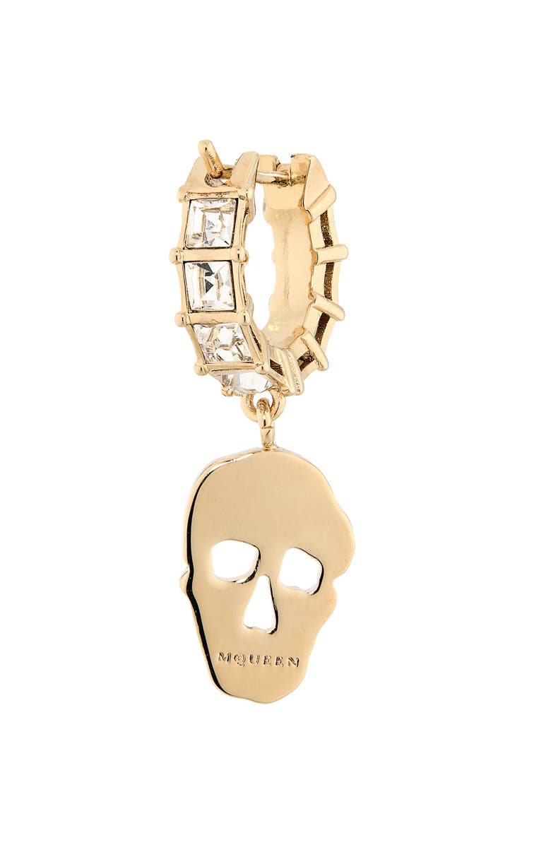 McQueen Pavé Skull Hoop Drop Earrings, Alternate, color, Pale Gold