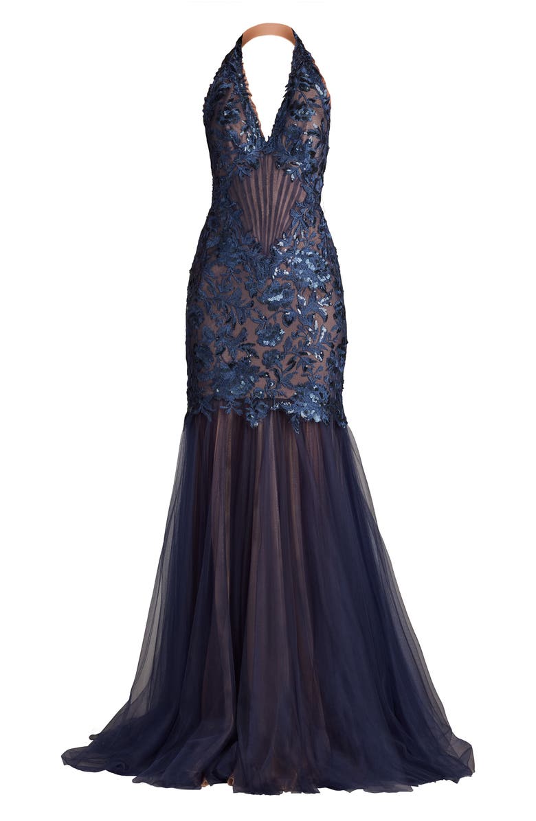 Tadashi Shoji Sequin Embroidered Halter Mermaid Gown, Alternate, color, Midnight
