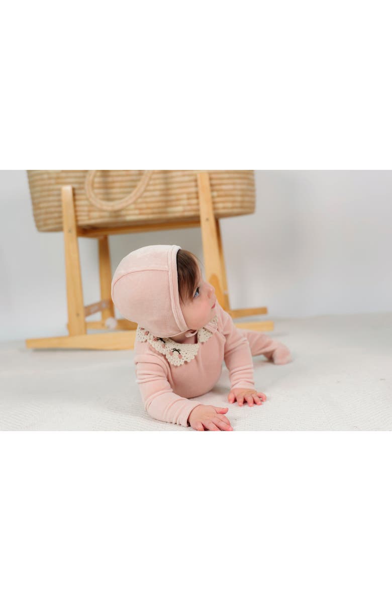 LOLA Velour Crochet Collar Snap Back Romper and Bonnet Set, Alternate, color, Rose Cloud