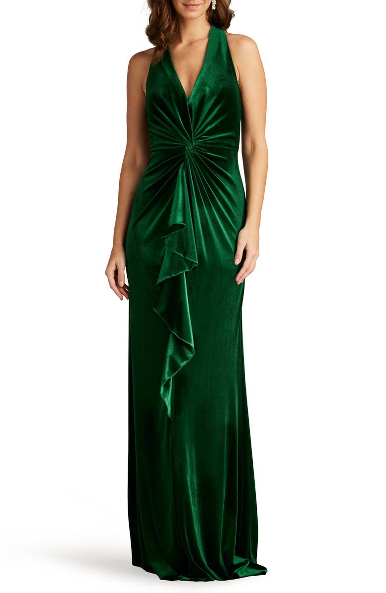 Tadashi Shoji Center Twist Sleeveless Velvet Gown, Main, color, Pine