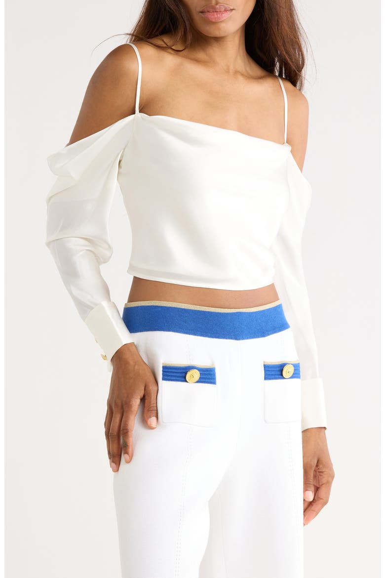 Cavallo Cold Shoulder Long Sleeve Silk Crop Top, Main, color, IVORY