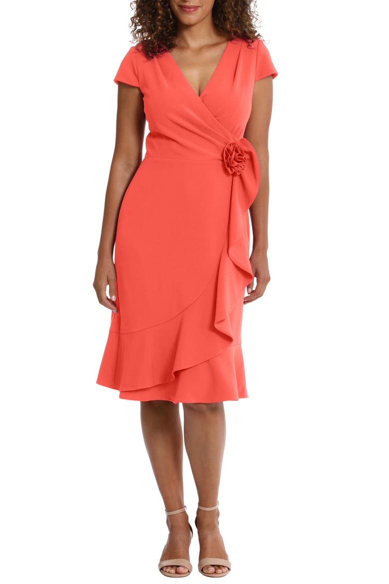 Rosette Faux Wrap Flounce Dress, Main, color, HOT CORAL