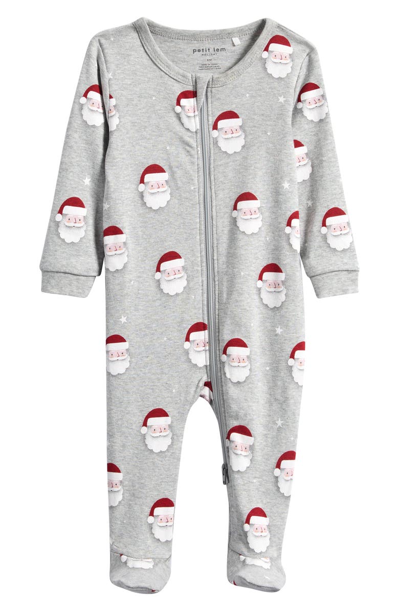 Petit Lem Santa Print Fitted One-Piece Organic Cotton Pajamas, Main, color, Medium Heather Grey