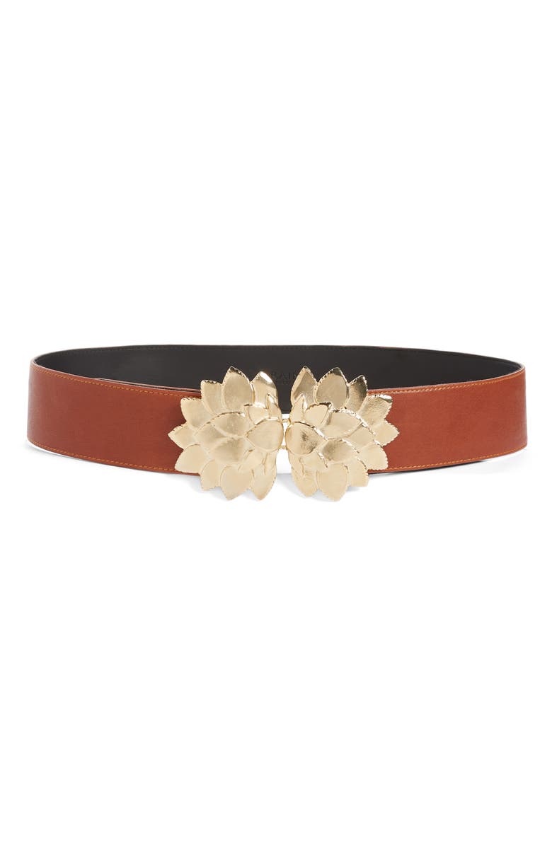 Raina Floral Buckle Leather Belt, Main, color, Cognac