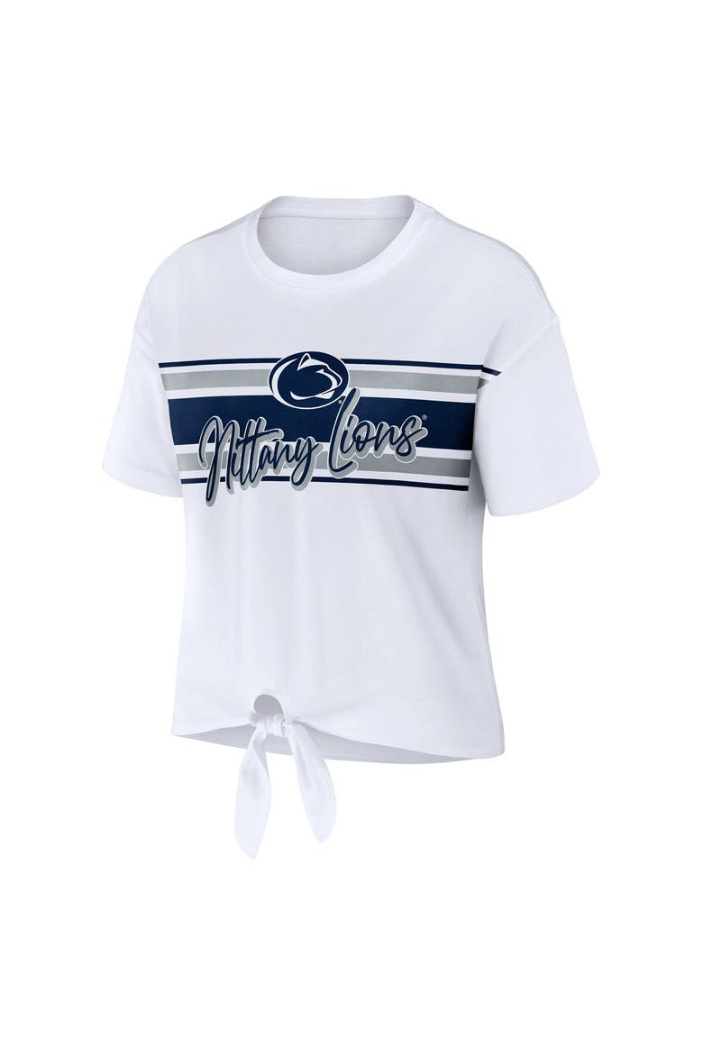 Women's WEAR by Erin Andrews White Penn State Nittany Lions Striped Front Knot Cropped T-Shirt, Alternate, color, White