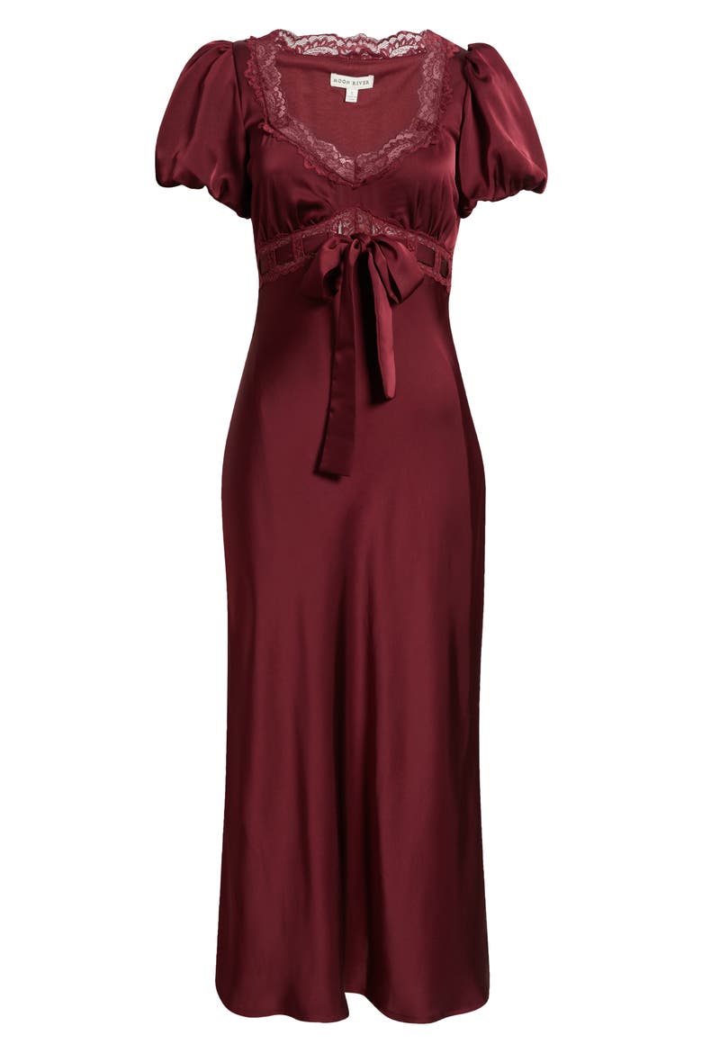 Puff Sleeve Lace Trim Maxi Dress, Alternate, color, OXBLOOD