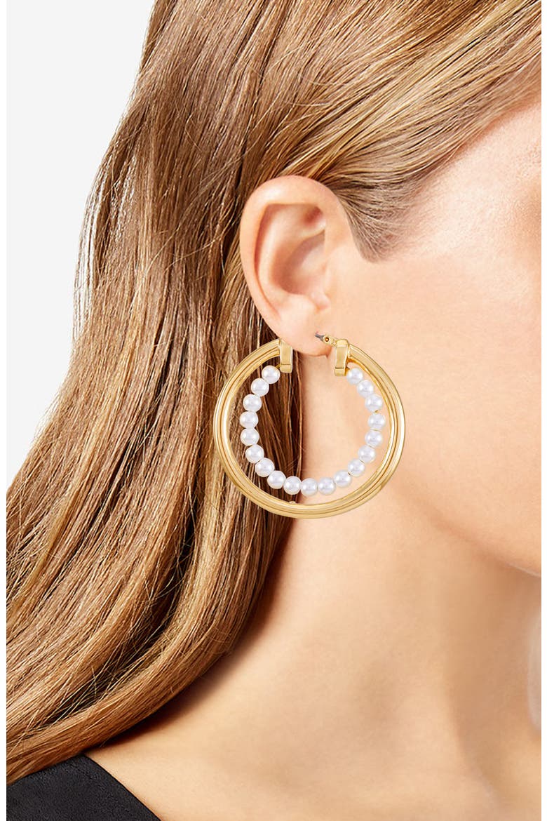 Imitation Pearl Hoop Earrings, Alternate, color, GOLDTONE