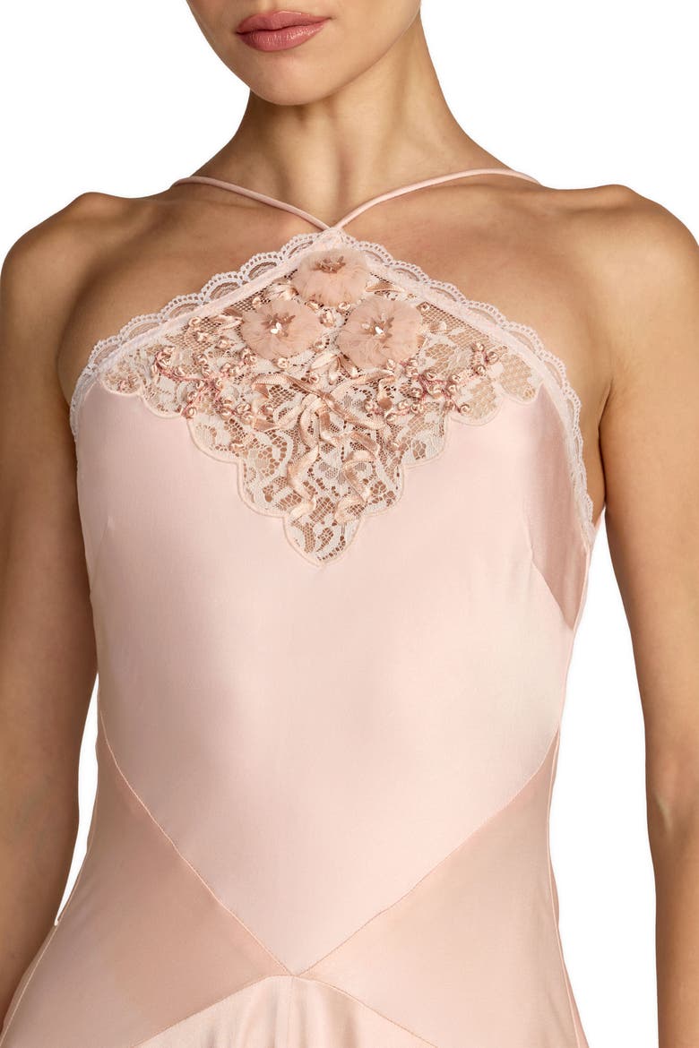 Charmeuse Lace Detail Asymmetrical Hem Midi Dress, Alternate, color, Ballet Slipper