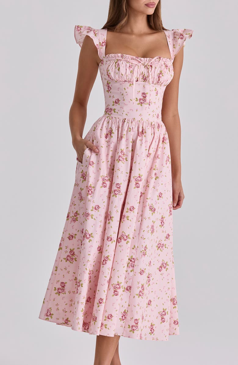 HOUSE OF CB Livia Pink Rose Stretch Cotton Midi Dress, Alternate, color, Pink Vintage