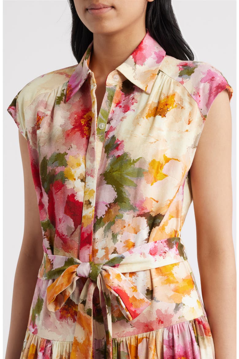 Floral Print Tie Waist Midi Dress, Alternate, color, IVORY MULTI