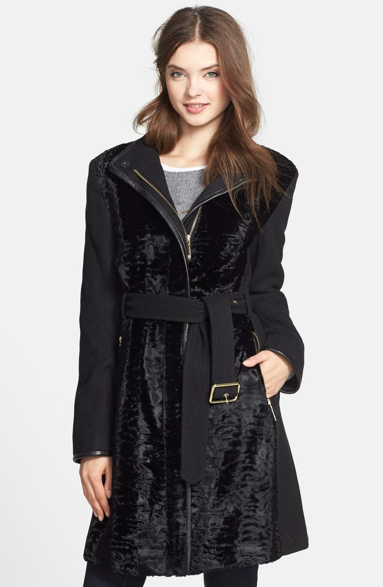 Vince Camuto Faux Fur Front Wool Blend Coat, Main, color, 