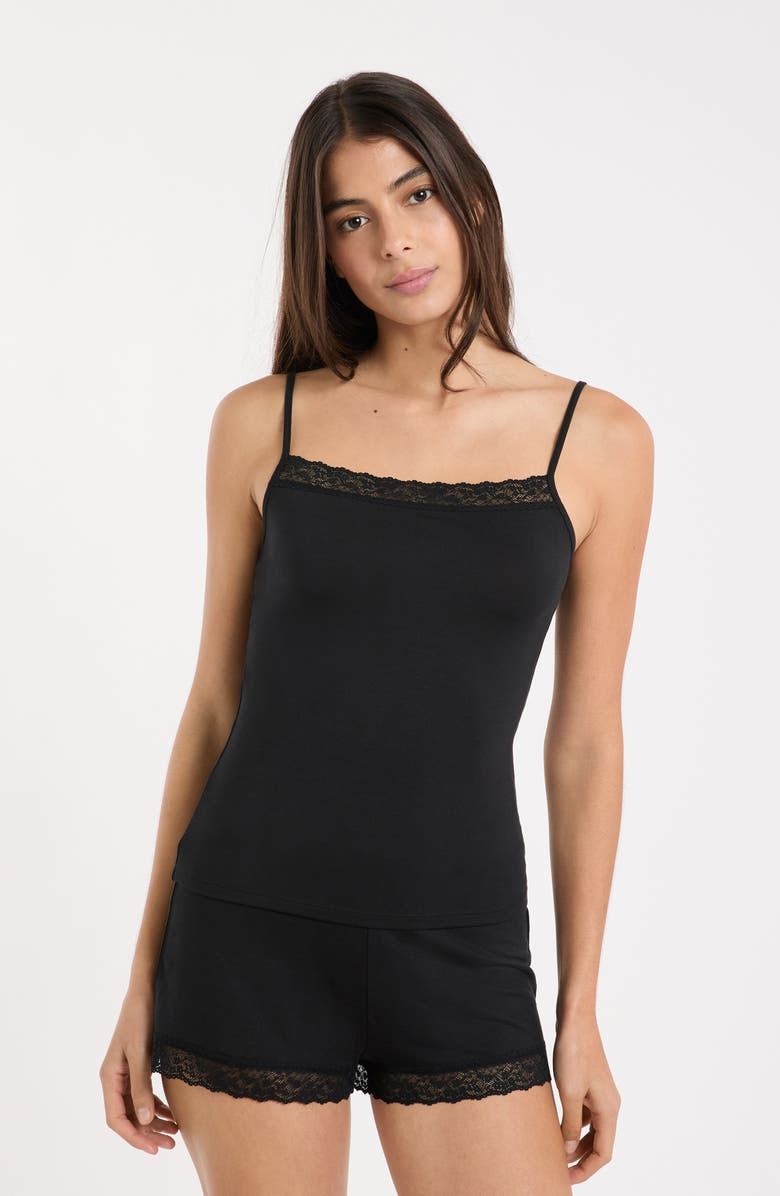 Etam Kitty Lace Trim Camisole, Alternate, color, Black