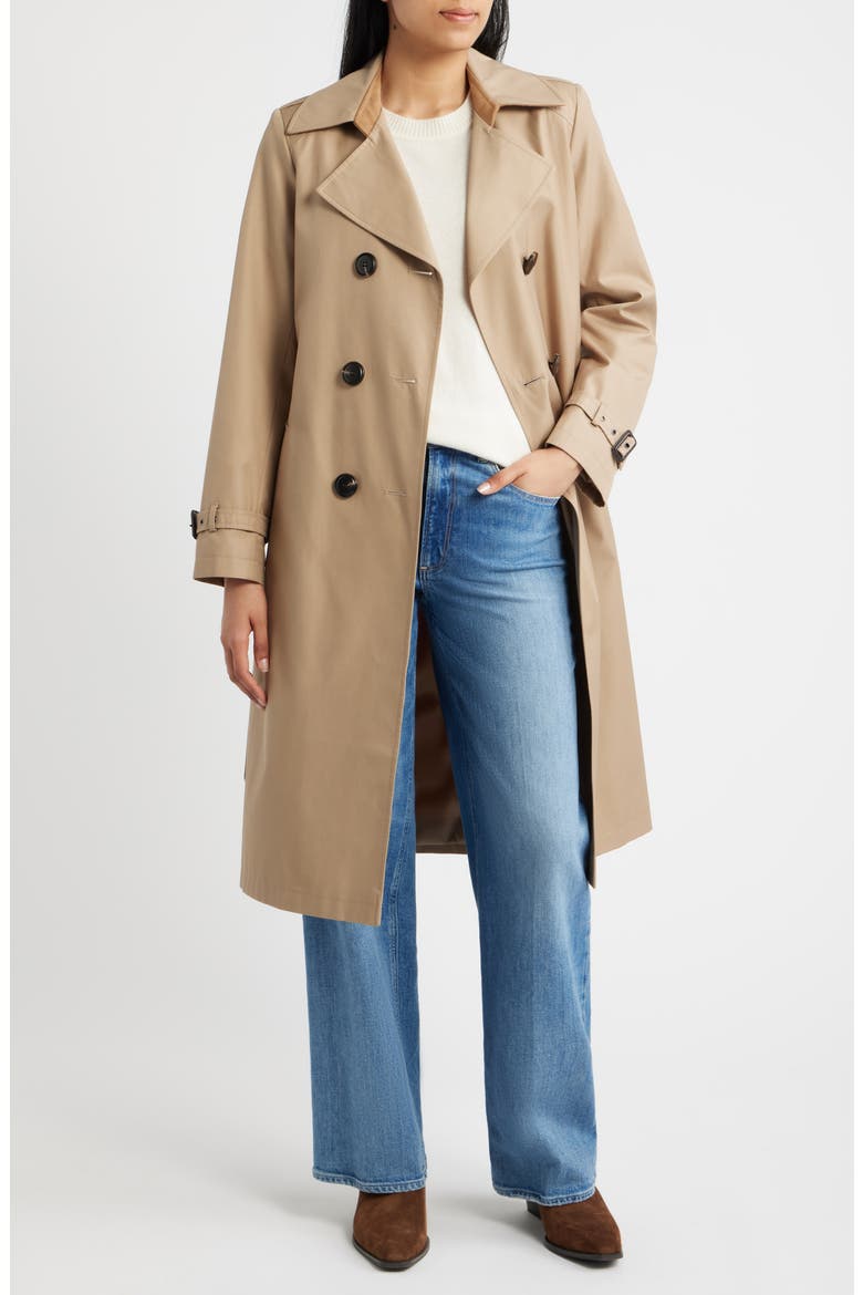 Double Breasted Trench Coat with Faux Suede Detail, Alternate, color, SAND