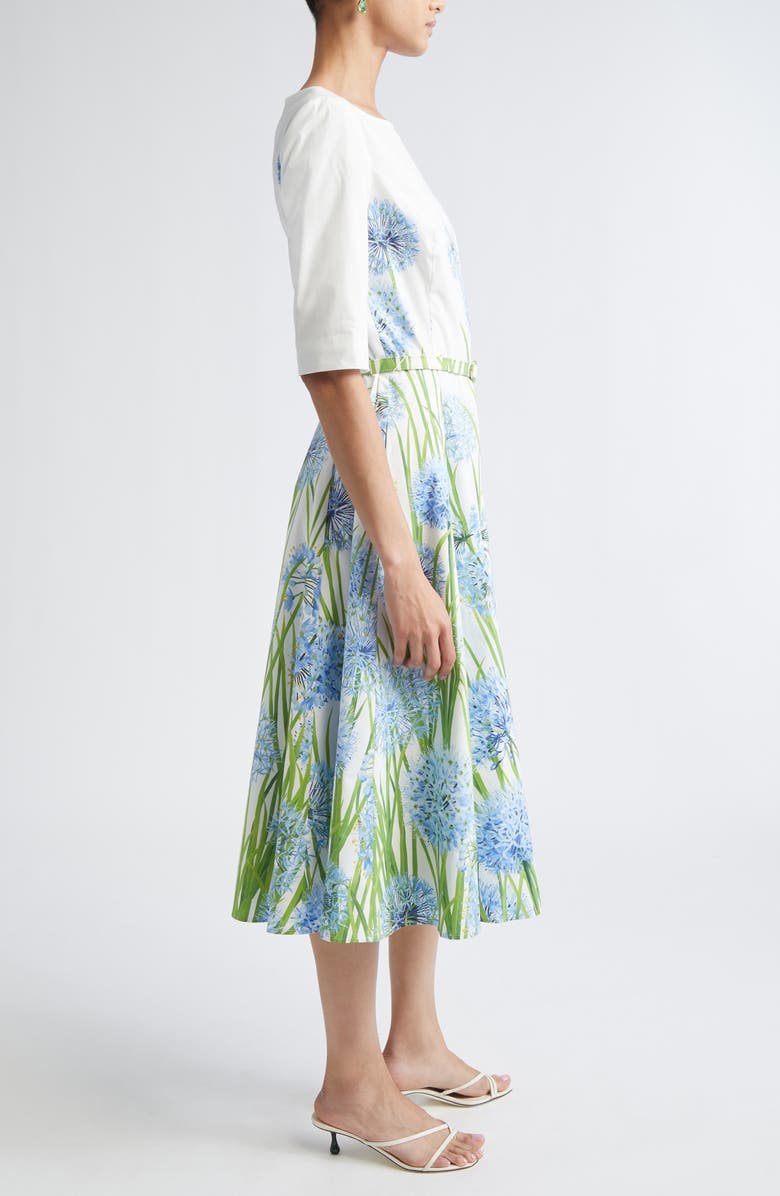 Oscar de la Renta Allium Cotton Stretch Poplin Belted Dress, Alternate, color, Blue/ White