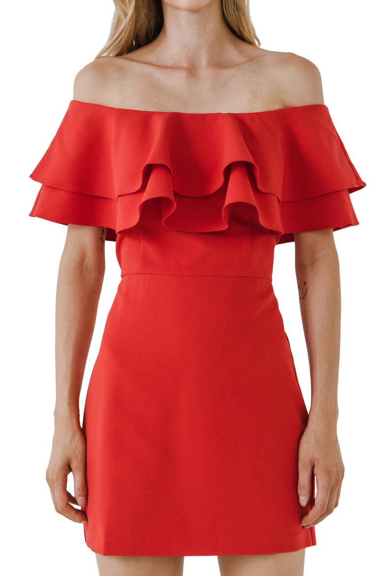Ruffle Off the Shoulder Minidress, Alternate, color, TOMATO
