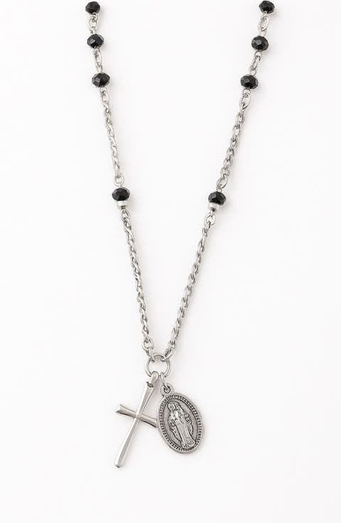 Men's Stainless Steel Cross & Saint Pendant Necklace