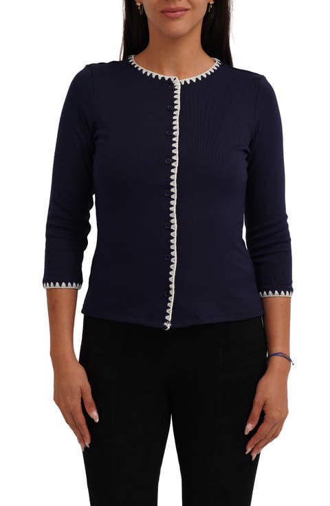 Blanket Stitch Trim Button-Up Top