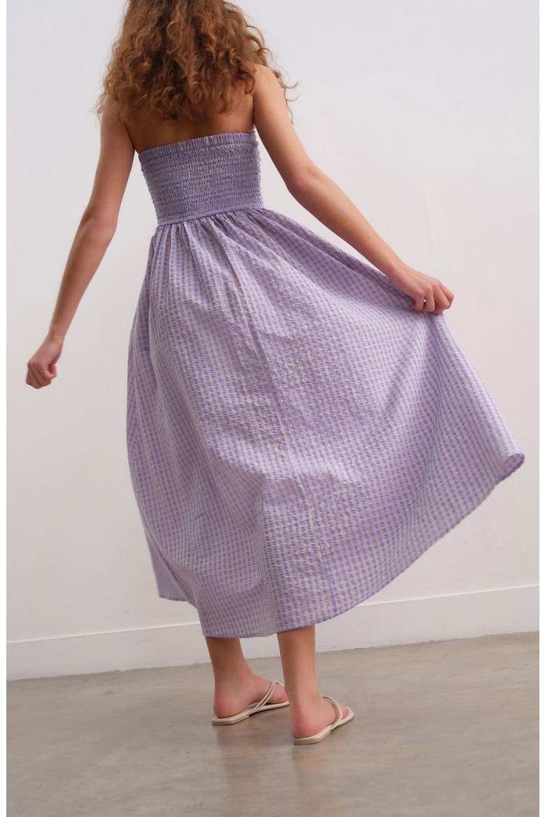 Strapless Gingham Seersucker Midi Dress, Alternate, color, PURPLE