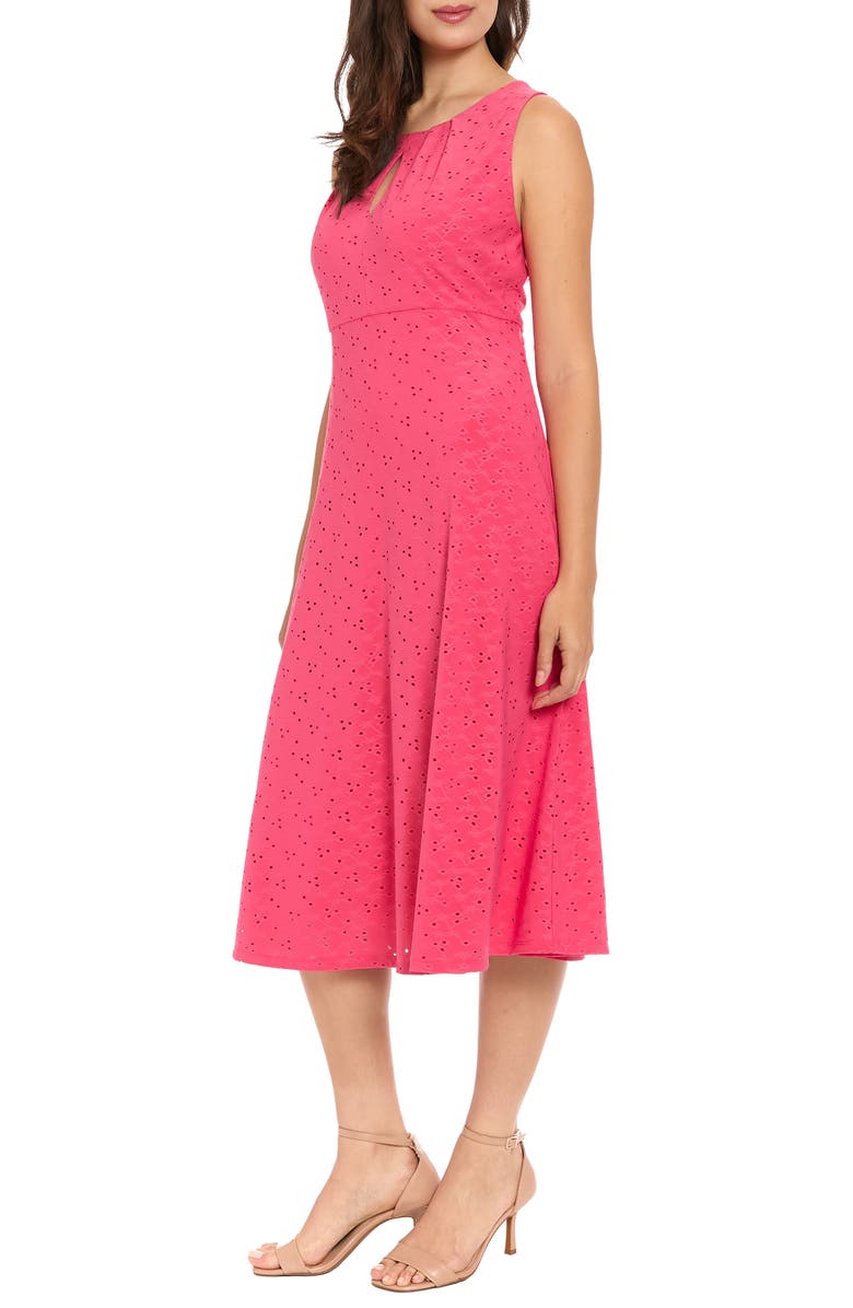 London Times Eyelet Keyhole Fit & Flare Midi Dress, Alternate, color, Pink Flambe