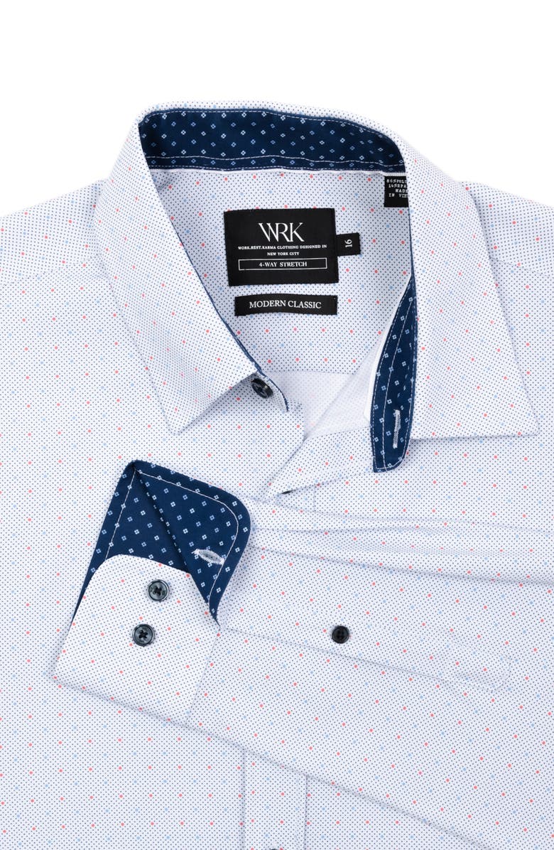 W.R.K Regular Fit Dot Print Performance Stretch Dress Shirt, Alternate, color, White