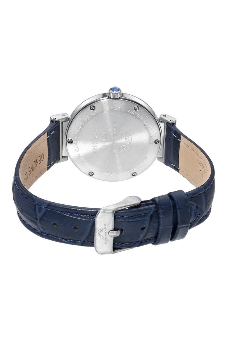 Dahlia Leather Strap Watch, 34mm, Alternate, color, SILVER-BLUE