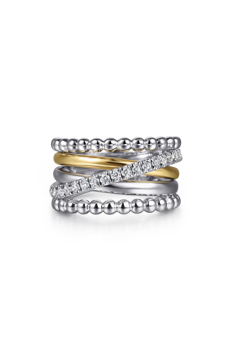 Bujukan White Sapphire Wide Ring, Main, color, SILVER/ 14K YELLOW GOLD