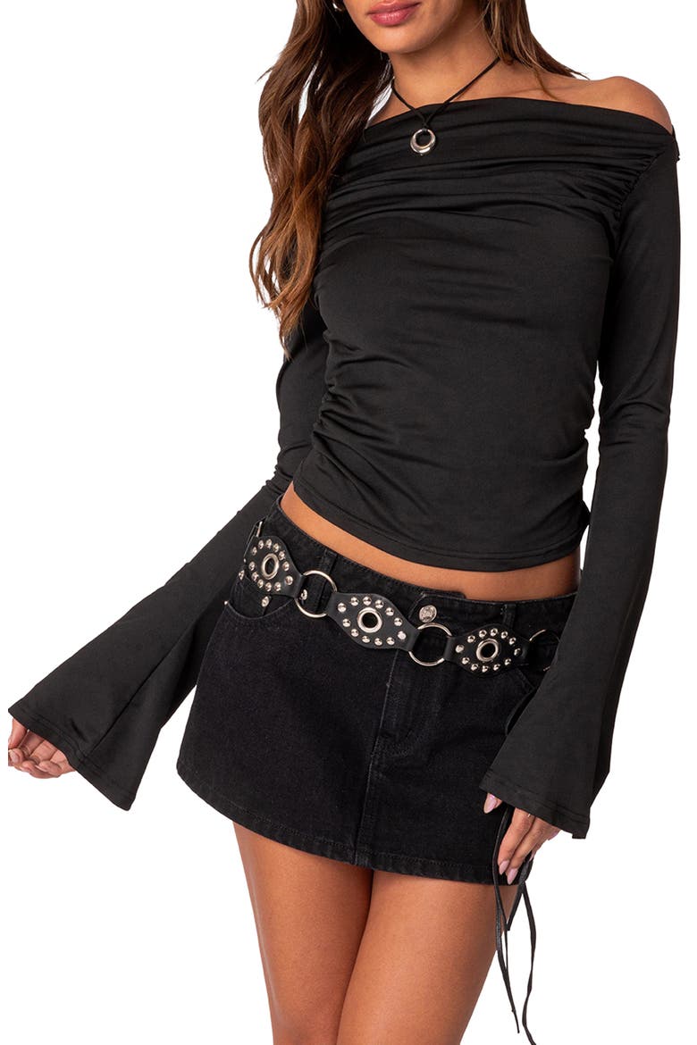 Dana Off the Shoulder Bell Sleeve Crop Top, Main, color, BLACK