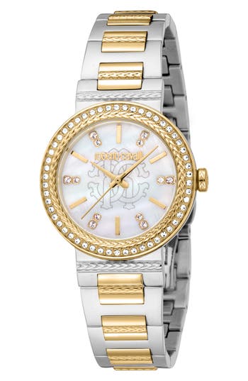 Roberto Cavalli Textured Crystal Two-tone Quartz Bracelet Watch, 30mm In Two Tone Silver & Gold