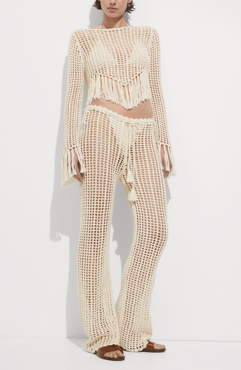 MANGO Openwork Tie Waist Pants, Alternate, color, Ecru