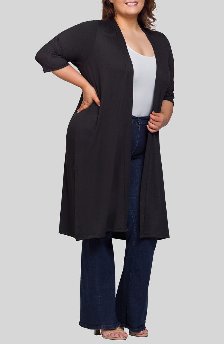 24seven Comfort Apparel Open Front Knee Length Jacket, Main, color, Black