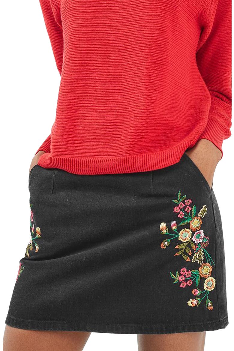 Embroidered Denim A-Line Skirt, Alternate, color, BLACK MULTI