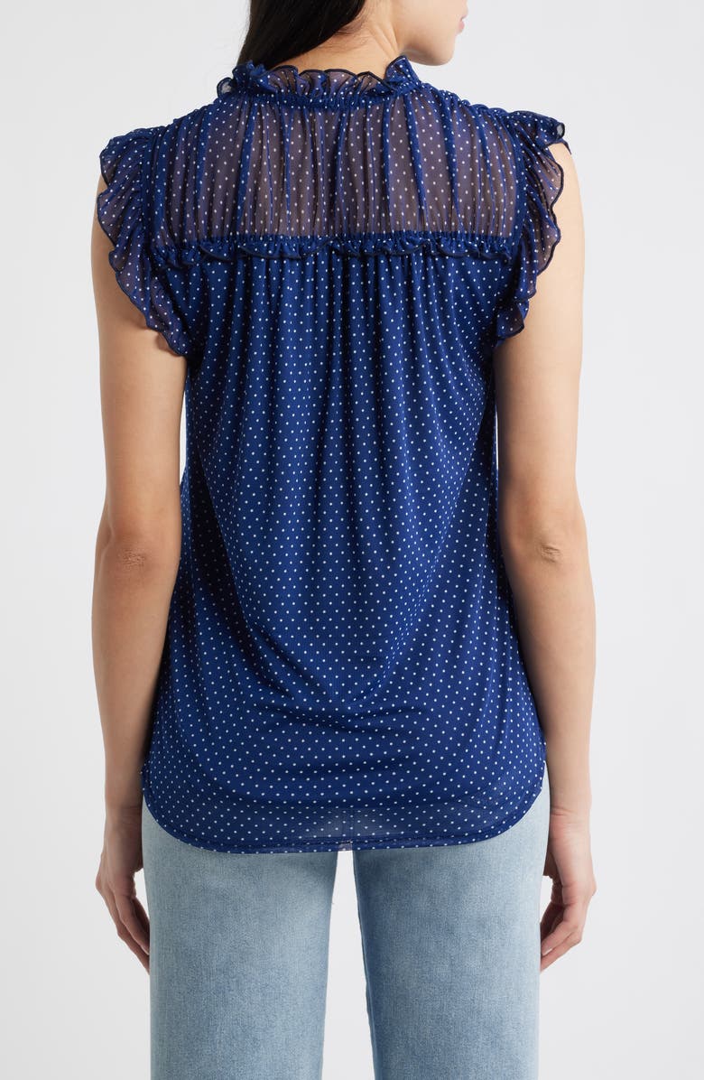 Loveappella Polka Dot Ruffle Trim Split Neck Top, Alternate, color, Navy