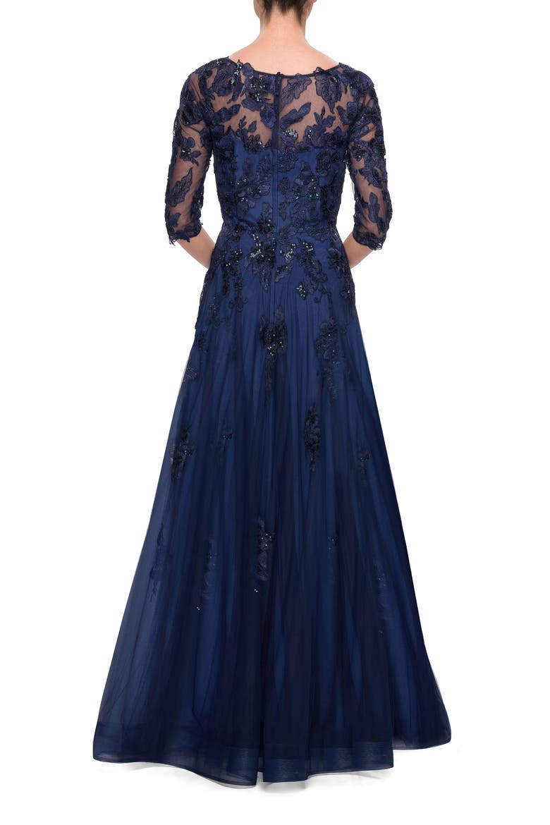 Embellished Lace A-Line Gown, Alternate, color, NAVY