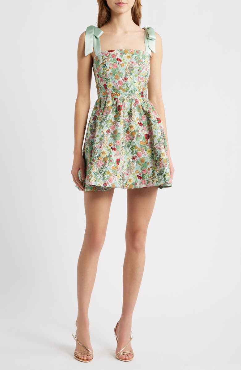 Lucy Paris Natalie Brocade Cocktail Minidress, Main, color, Green Multi Floral