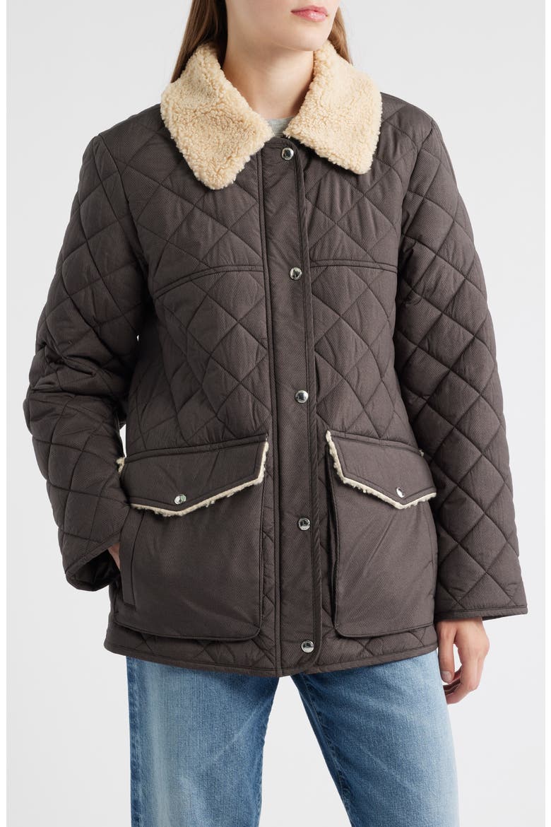 Quilted Twill Jacket With Faux Shearling Collar, Main, color, BROWN/ BLACK DENIM